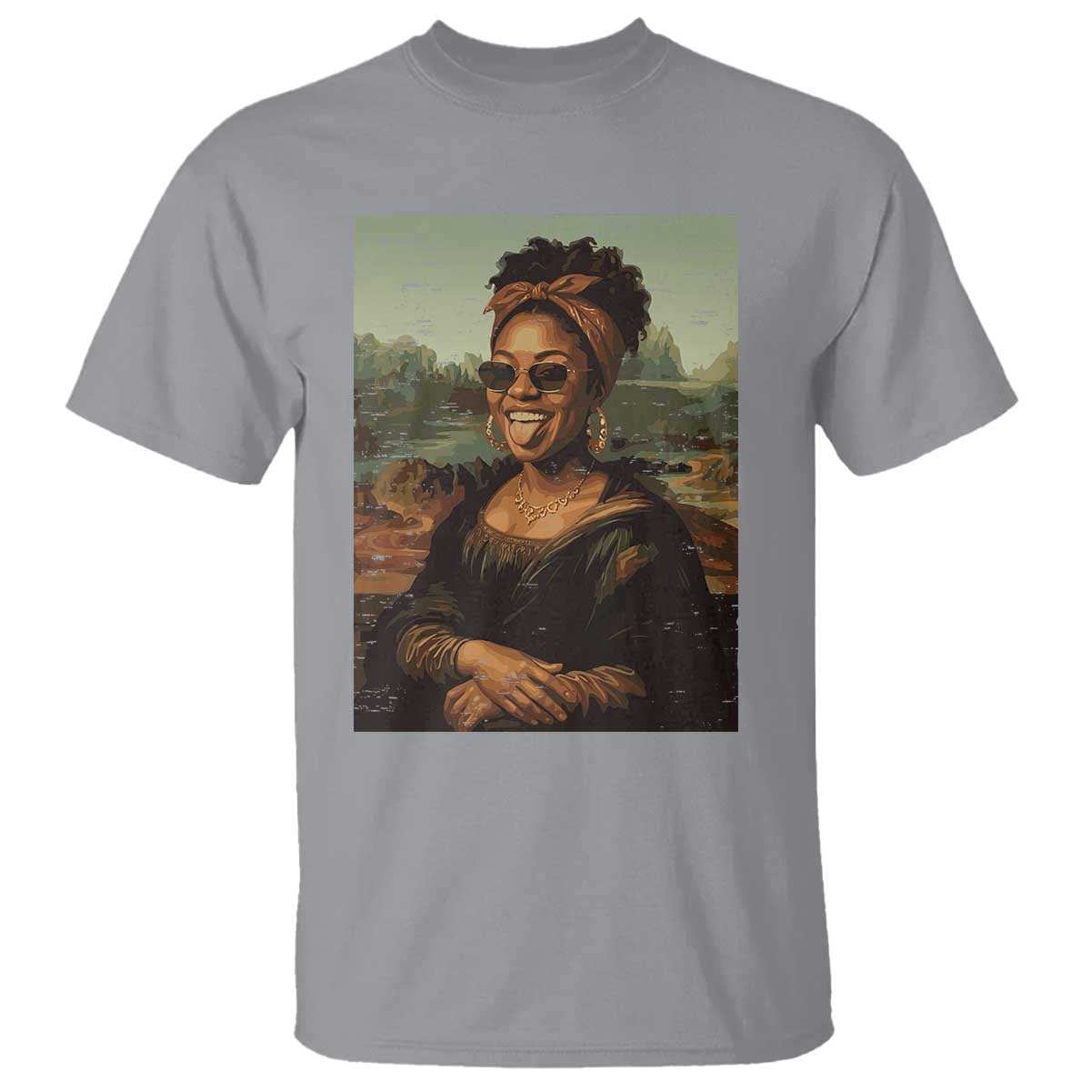 Modern Black Mona Lisa Headwrap Sunglasses Parody T Shirt Trendy Urban Fine Art Portrait Graphic