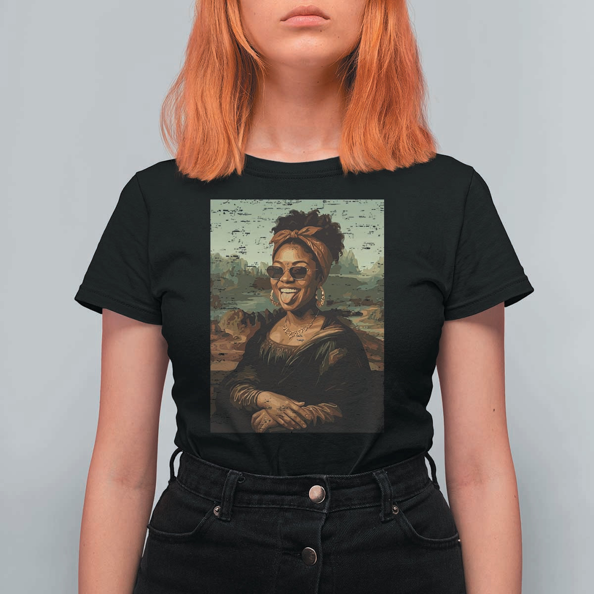 Modern Black Mona Lisa Headwrap Sunglasses Parody T Shirt For Women Trendy Urban Fine Art Portrait Graphic