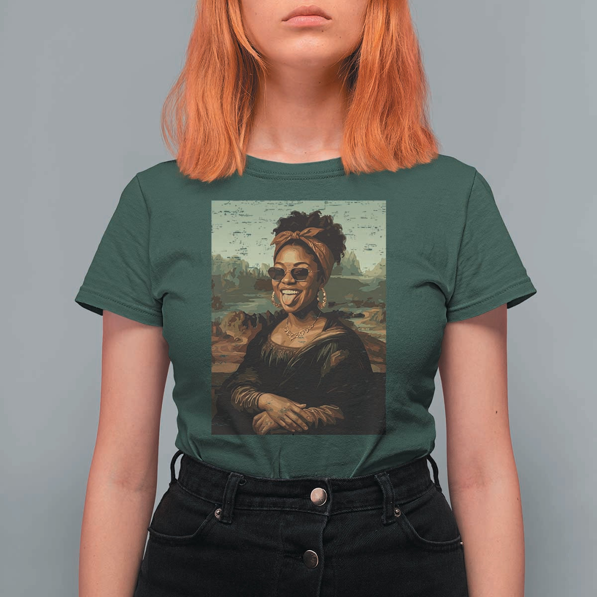 Modern Black Mona Lisa Headwrap Sunglasses Parody T Shirt For Women Trendy Urban Fine Art Portrait Graphic