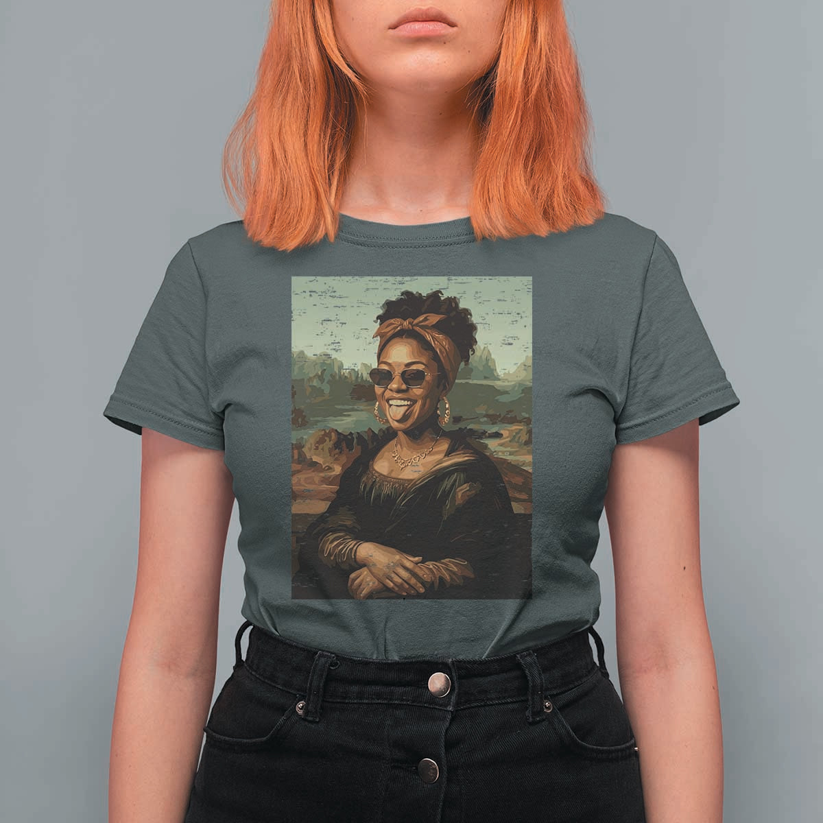 Modern Black Mona Lisa Headwrap Sunglasses Parody T Shirt For Women Trendy Urban Fine Art Portrait Graphic