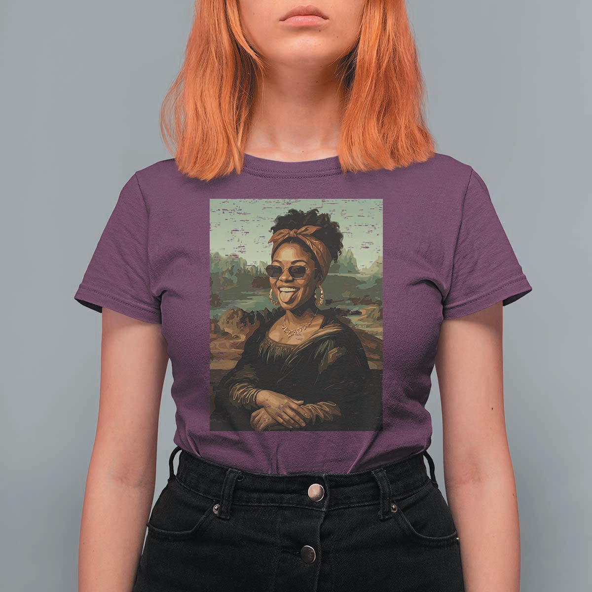 Modern Black Mona Lisa Headwrap Sunglasses Parody T Shirt For Women Trendy Urban Fine Art Portrait Graphic