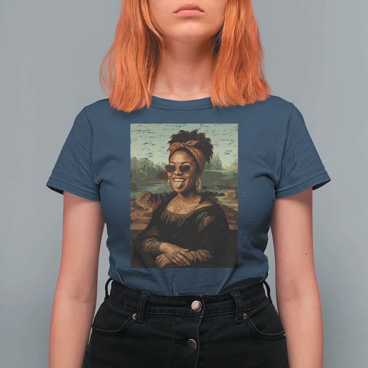 Modern Black Mona Lisa Headwrap Sunglasses Parody T Shirt For Women Trendy Urban Fine Art Portrait Graphic