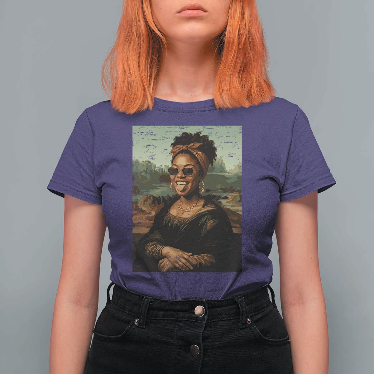 Modern Black Mona Lisa Headwrap Sunglasses Parody T Shirt For Women Trendy Urban Fine Art Portrait Graphic