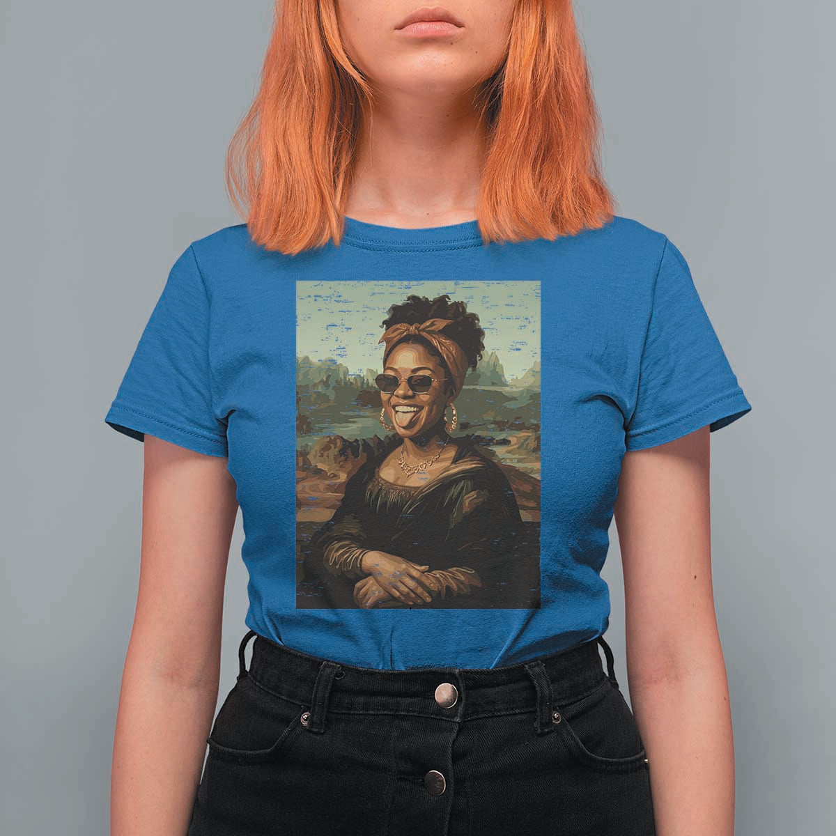Modern Black Mona Lisa Headwrap Sunglasses Parody T Shirt For Women Trendy Urban Fine Art Portrait Graphic