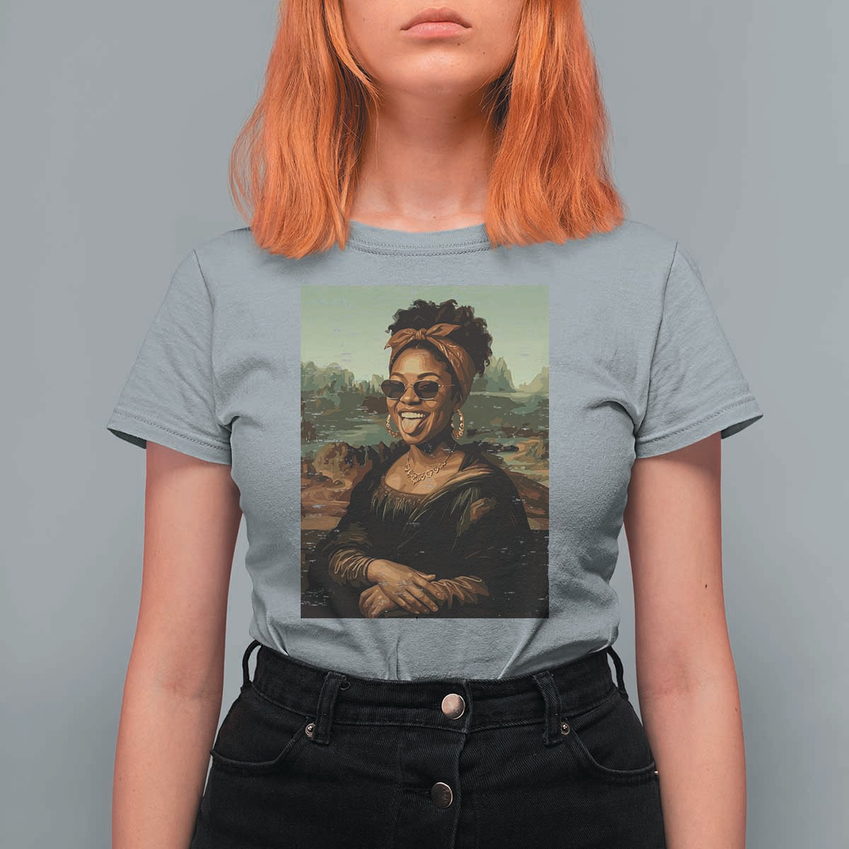 Modern Black Mona Lisa Headwrap Sunglasses Parody T Shirt For Women Trendy Urban Fine Art Portrait Graphic
