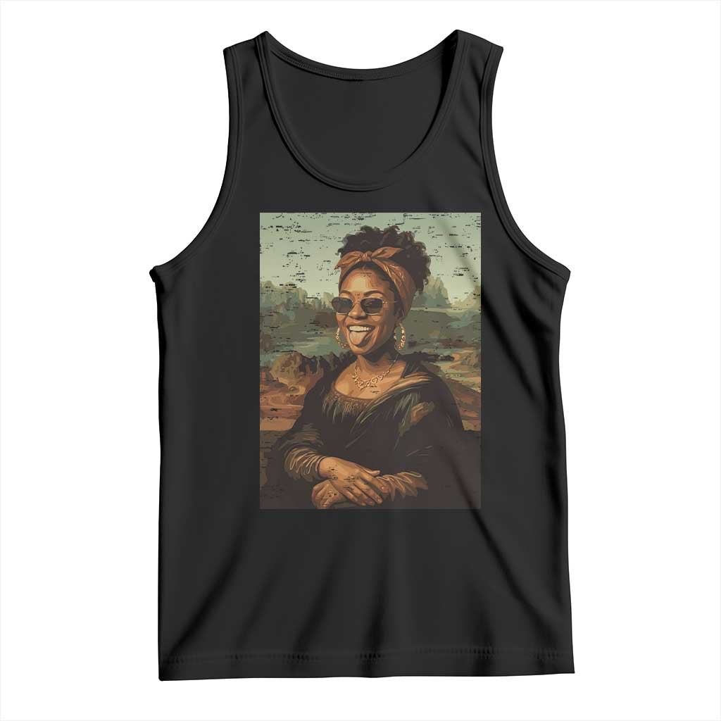Modern Black Mona Lisa Headwrap Sunglasses Parody Tank Top Trendy Urban Fine Art Portrait Graphic