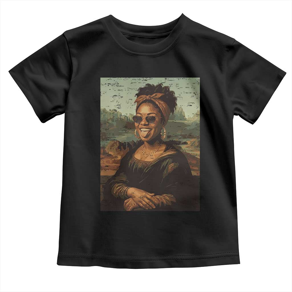 Modern Black Mona Lisa Headwrap Sunglasses Parody Toddler T Shirt Trendy Urban Fine Art Portrait Graphic