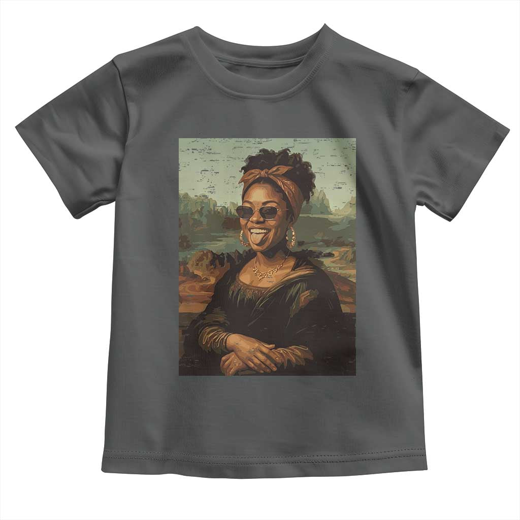 Modern Black Mona Lisa Headwrap Sunglasses Parody Toddler T Shirt Trendy Urban Fine Art Portrait Graphic