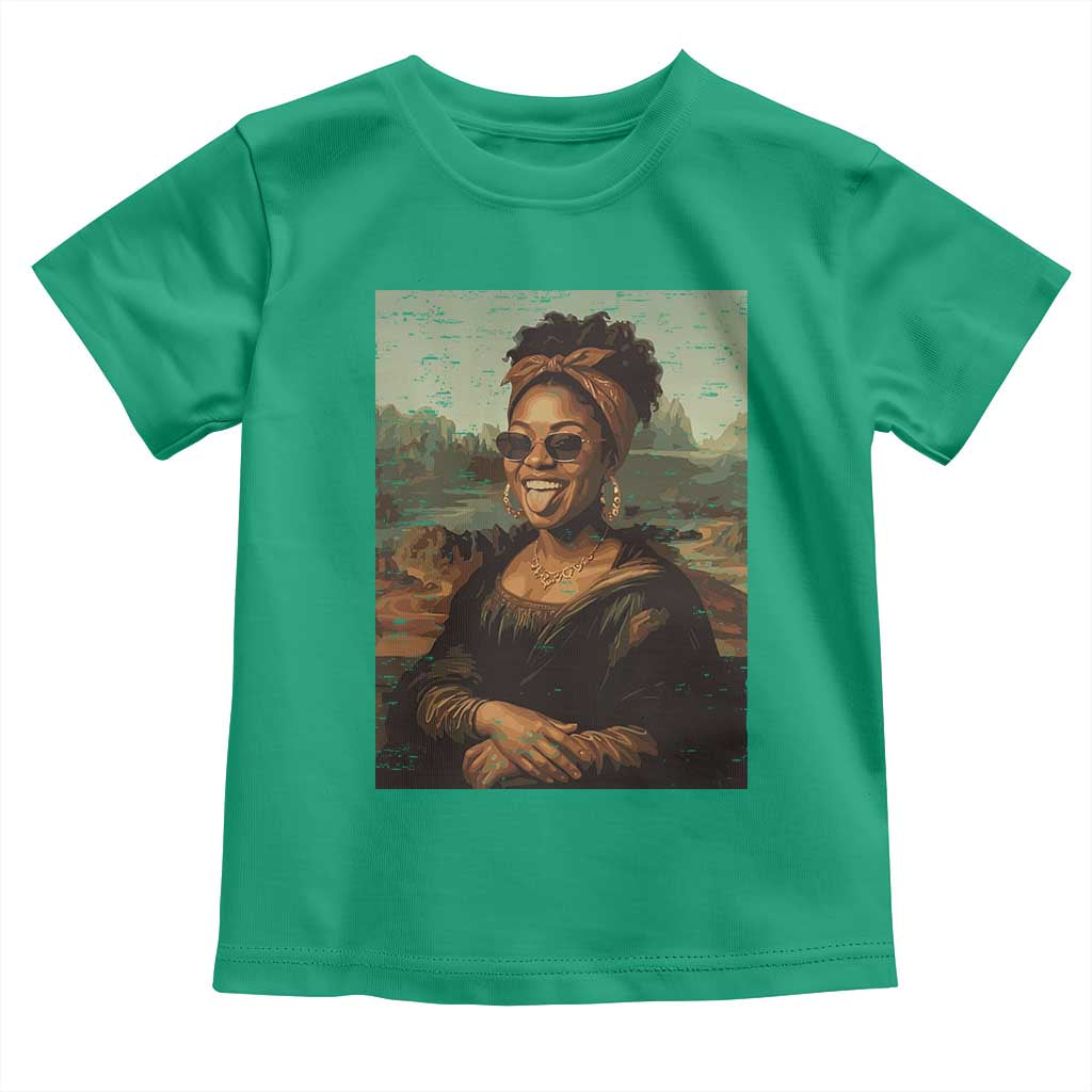 Modern Black Mona Lisa Headwrap Sunglasses Parody Toddler T Shirt Trendy Urban Fine Art Portrait Graphic