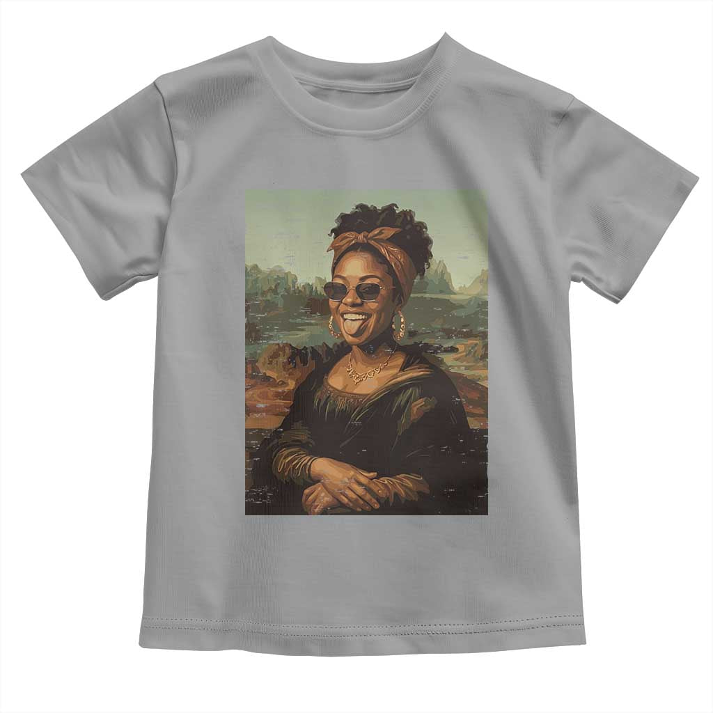 Modern Black Mona Lisa Headwrap Sunglasses Parody Toddler T Shirt Trendy Urban Fine Art Portrait Graphic