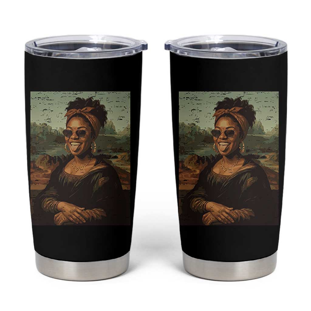 Modern Black Mona Lisa Headwrap Sunglasses Parody Tumbler Cup Trendy Urban Fine Art Portrait Graphic