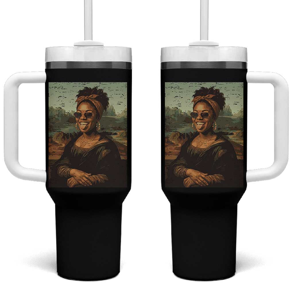 Modern Black Mona Lisa Headwrap Sunglasses Parody Tumbler With Handle Trendy Urban Fine Art Portrait Graphic