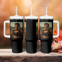 Modern Black Mona Lisa Headwrap Sunglasses Parody Tumbler With Handle Trendy Urban Fine Art Portrait Graphic