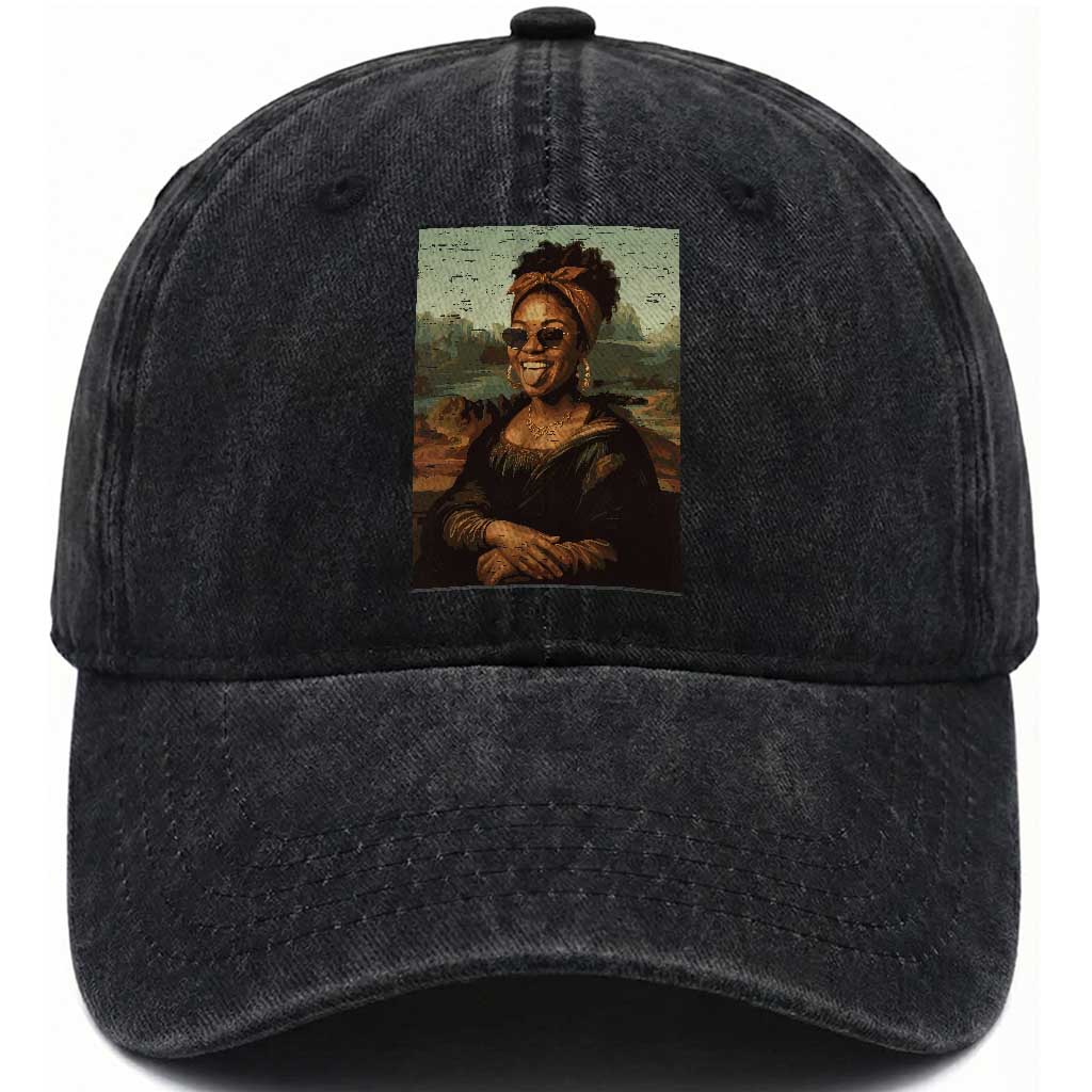 Modern Black Mona Lisa Headwrap Sunglasses Parody Washed Cotton Baseball Cap Trendy Urban Fine Art Portrait Graphic