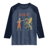 Funny Boop Medieval Knight Poking Dragon Graphic Raglan Shirt Vintage Renaissance Faire Fantasy Meme