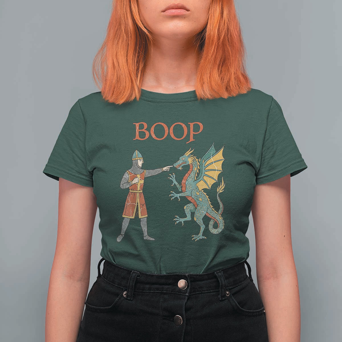 Funny Boop Medieval Knight Poking Dragon Graphic T Shirt For Women Vintage Renaissance Faire Fantasy Meme