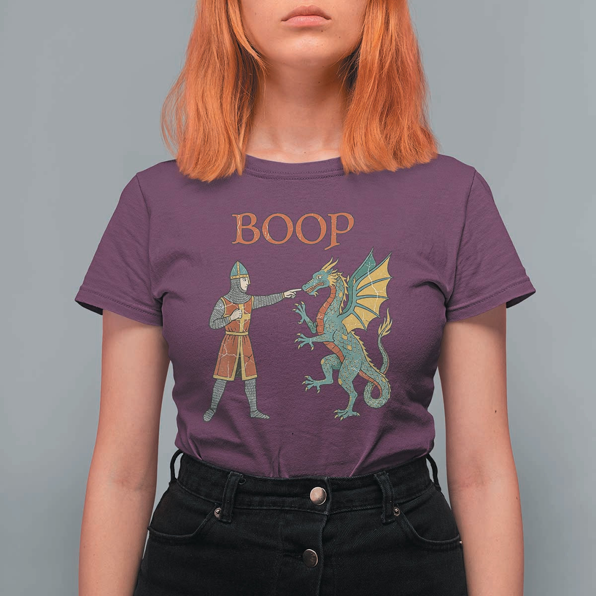 Funny Boop Medieval Knight Poking Dragon Graphic T Shirt For Women Vintage Renaissance Faire Fantasy Meme