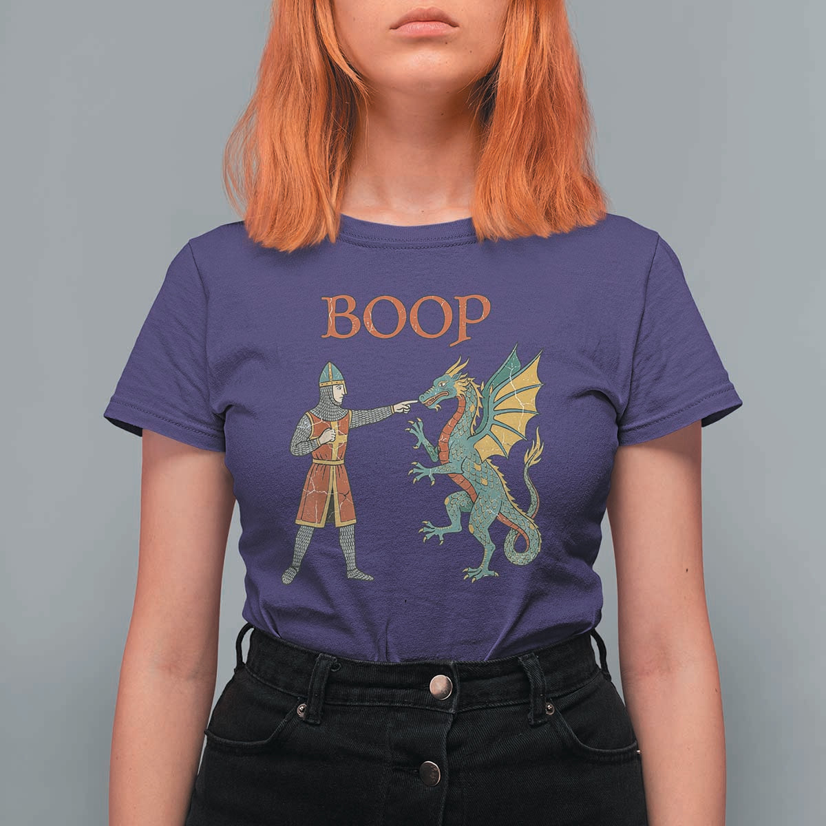 Funny Boop Medieval Knight Poking Dragon Graphic T Shirt For Women Vintage Renaissance Faire Fantasy Meme