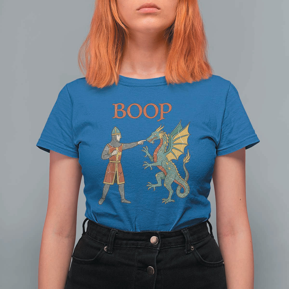 Funny Boop Medieval Knight Poking Dragon Graphic T Shirt For Women Vintage Renaissance Faire Fantasy Meme