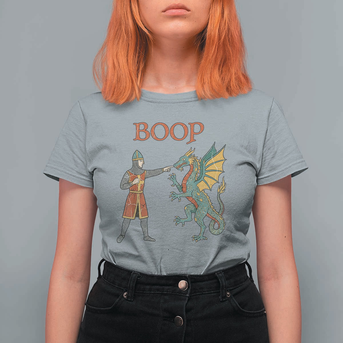 Funny Boop Medieval Knight Poking Dragon Graphic T Shirt For Women Vintage Renaissance Faire Fantasy Meme