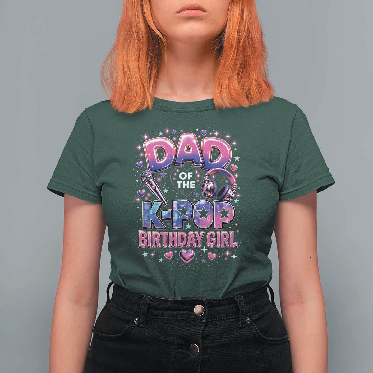 Dad Of The KPop Birthday Girl Glossy Balloon Music Lover T Shirt For Women Cute Family Matching Party Graphic
