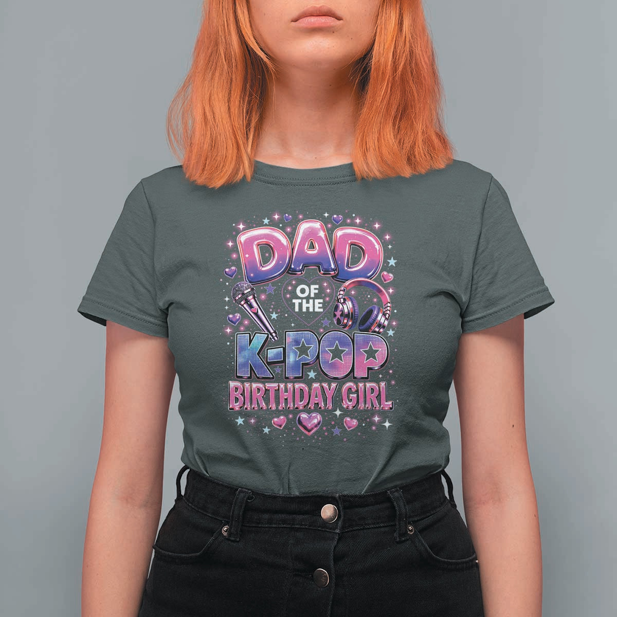 Dad Of The KPop Birthday Girl Glossy Balloon Music Lover T Shirt For Women Cute Family Matching Party Graphic