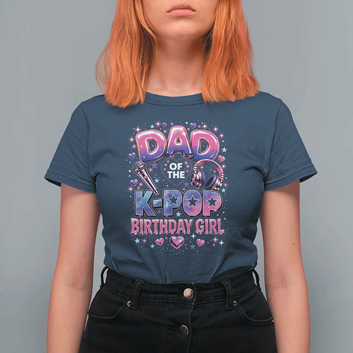 Dad Of The KPop Birthday Girl Glossy Balloon Music Lover T Shirt For Women Cute Family Matching Party Graphic