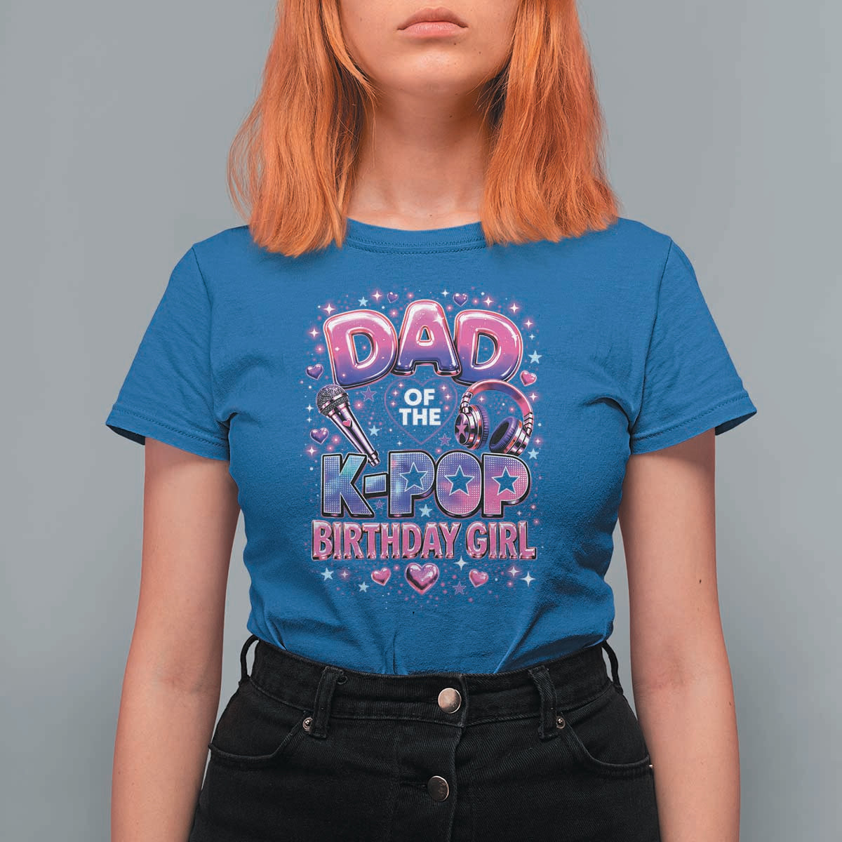 Dad Of The KPop Birthday Girl Glossy Balloon Music Lover T Shirt For Women Cute Family Matching Party Graphic