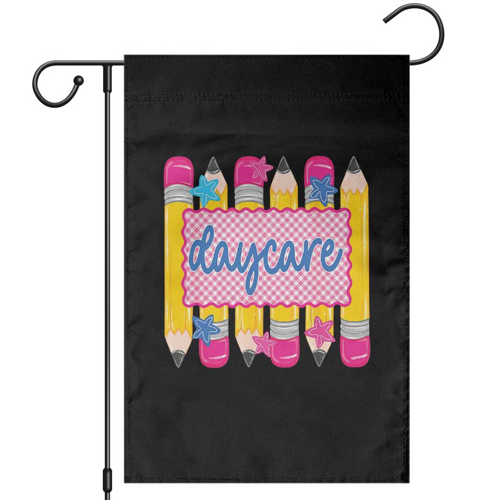Cute Daycare Teacher Yellow Pencils Graphic Garden Flag Retro Back to School Childcare Gift