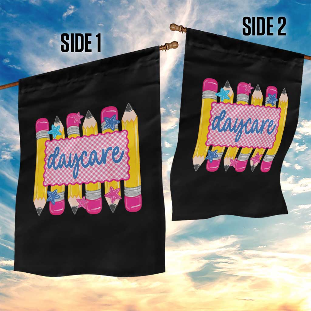 Cute Daycare Teacher Yellow Pencils Graphic Garden Flag Retro Back to School Childcare Gift