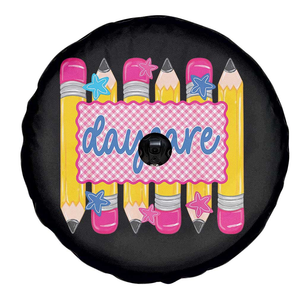 Cute Daycare Teacher Yellow Pencils Graphic Spare Tire Cover Retro Back to School Childcare Gift