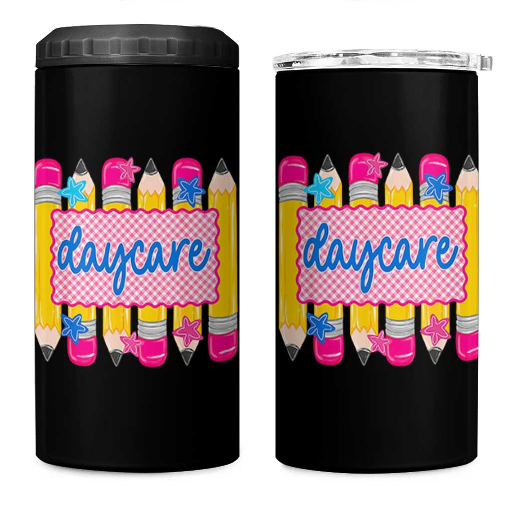 Cute Daycare Teacher Yellow Pencils Graphic 4 in 1 Can Cooler Tumbler Retro Back to School Childcare Gift
