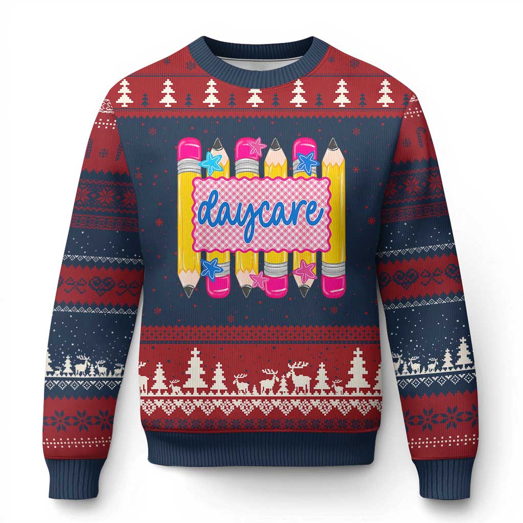 Cute Daycare Teacher Yellow Pencils Graphic Ugly Christmas Sweater Retro Back to School Childcare Gift