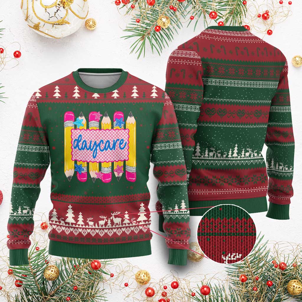 Cute Daycare Teacher Yellow Pencils Graphic Ugly Christmas Sweater Retro Back to School Childcare Gift