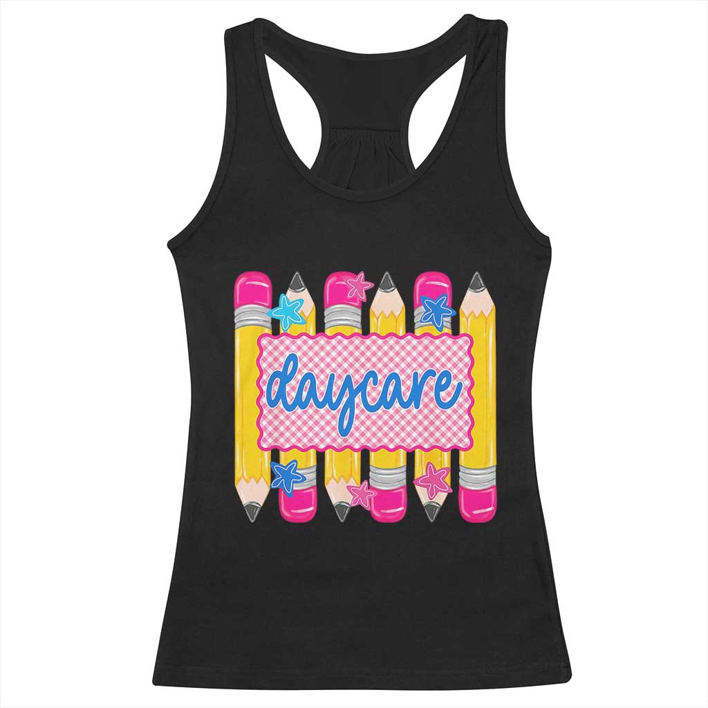 Cute Daycare Teacher Yellow Pencils Graphic Racerback Tank Top Retro Back to School Childcare Gift