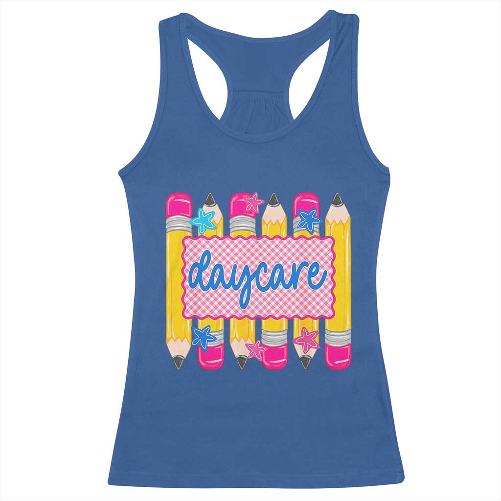 Cute Daycare Teacher Yellow Pencils Graphic Racerback Tank Top Retro Back to School Childcare Gift