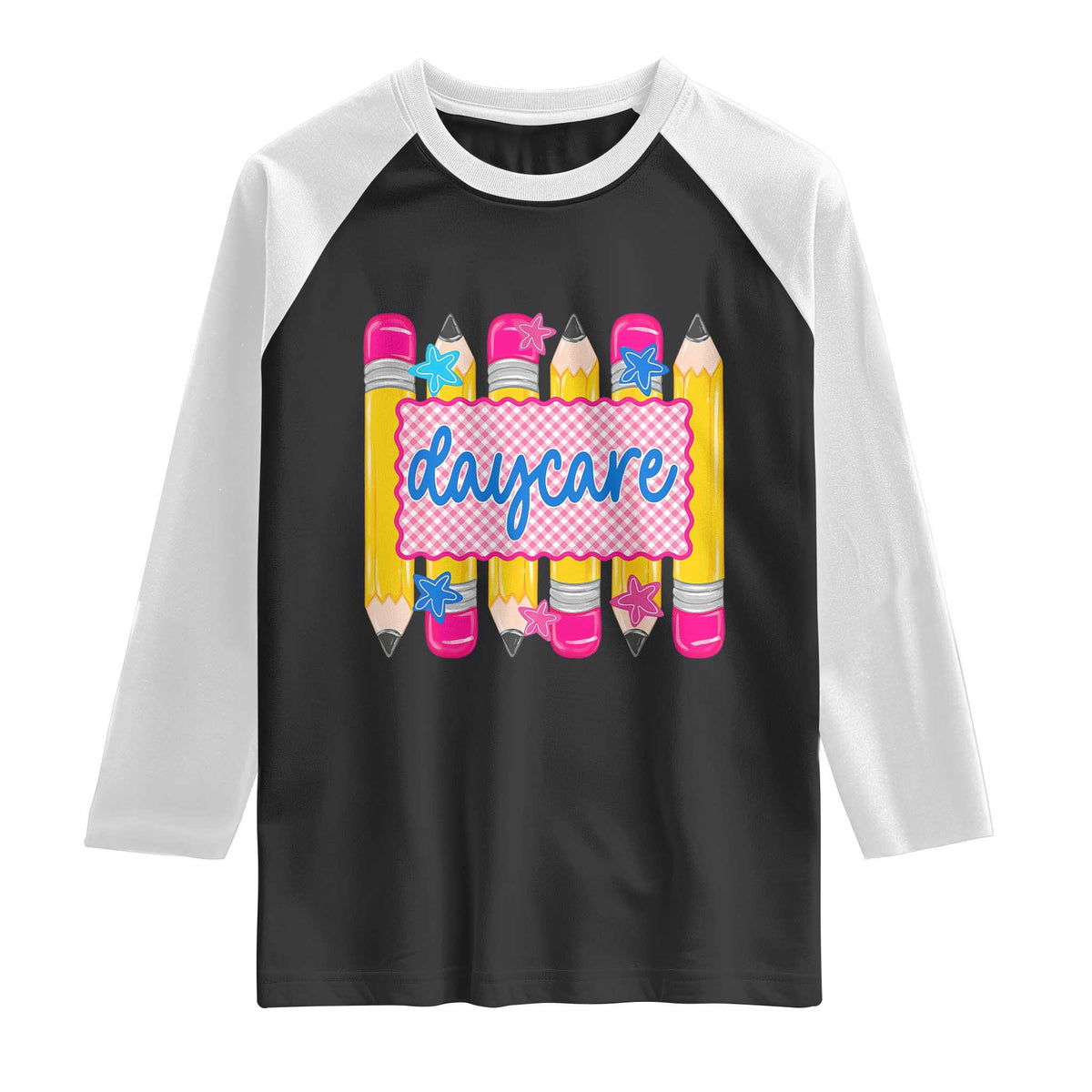 Cute Daycare Teacher Yellow Pencils Graphic Raglan Shirt Retro Back to School Childcare Gift