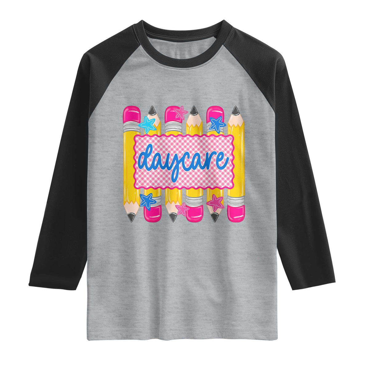Cute Daycare Teacher Yellow Pencils Graphic Raglan Shirt Retro Back to School Childcare Gift