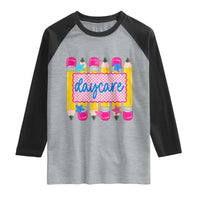 Cute Daycare Teacher Yellow Pencils Graphic Raglan Shirt Retro Back to School Childcare Gift
