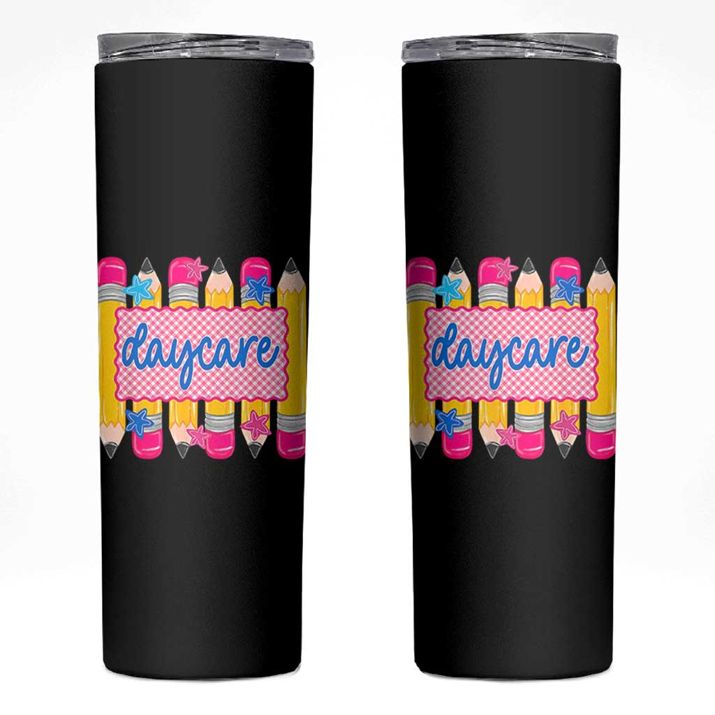 Cute Daycare Teacher Yellow Pencils Graphic Skinny Tumbler Retro Back to School Childcare Gift