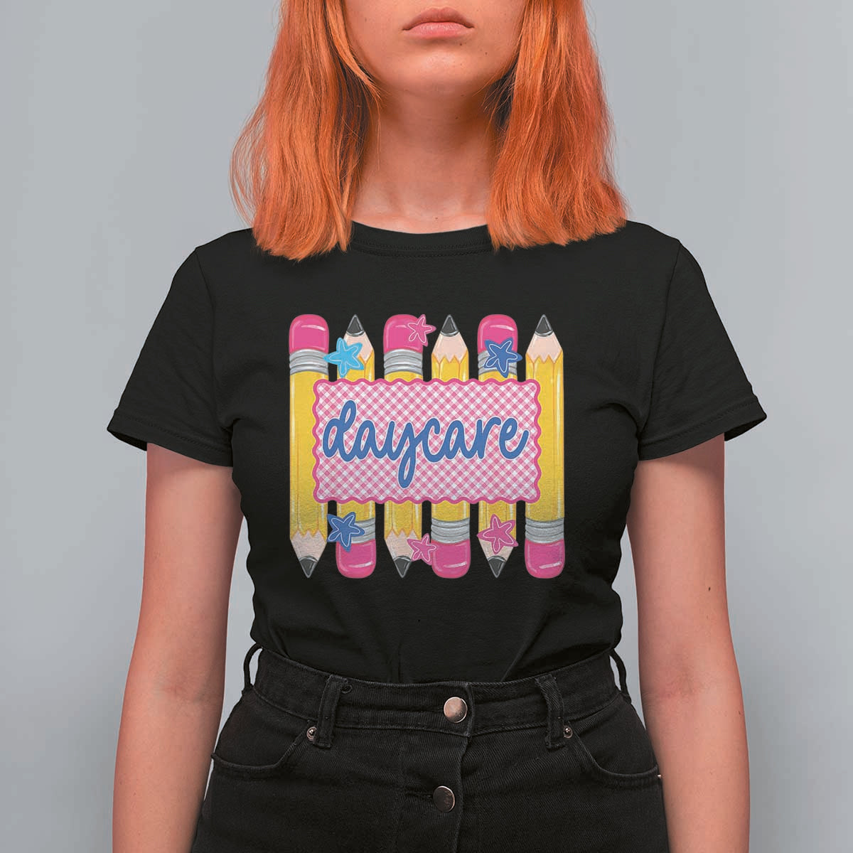 Cute Daycare Teacher Yellow Pencils Graphic T Shirt For Women Retro Back to School Childcare Gift