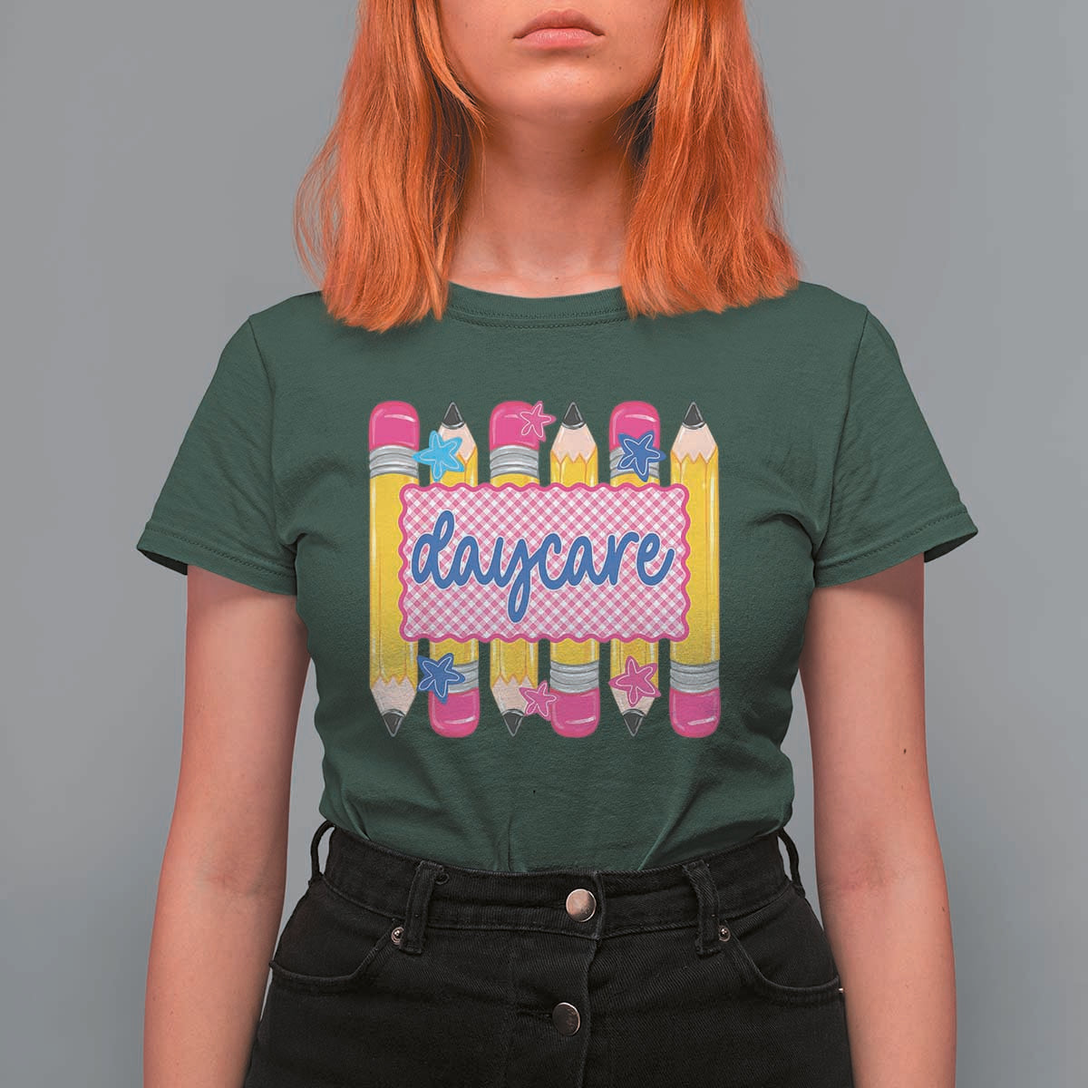 Cute Daycare Teacher Yellow Pencils Graphic T Shirt For Women Retro Back to School Childcare Gift