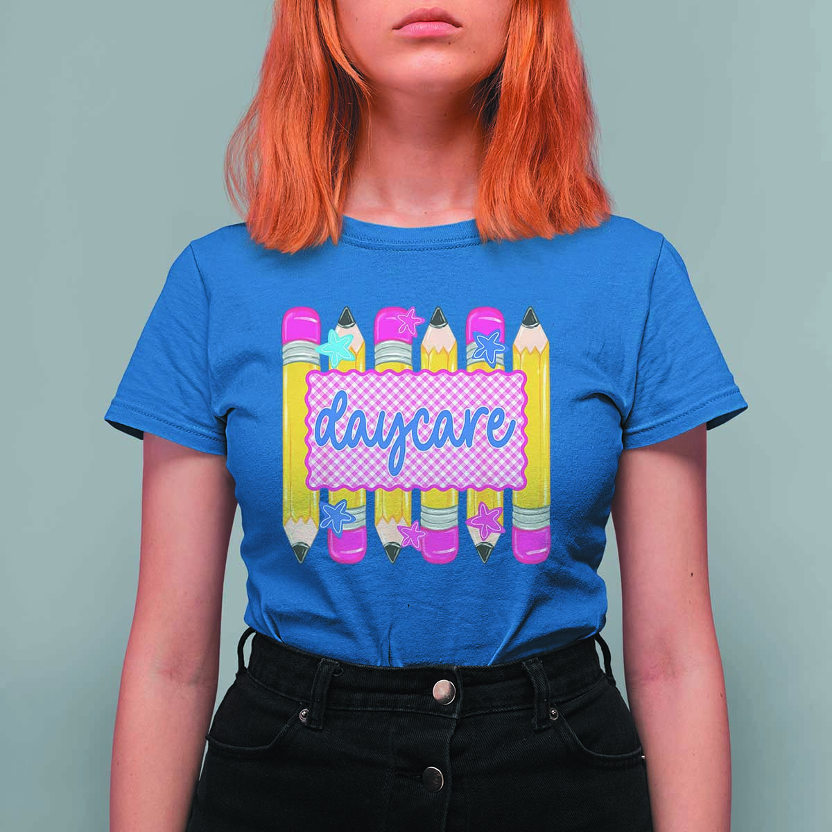 Cute Daycare Teacher Yellow Pencils Graphic T Shirt For Women Retro Back to School Childcare Gift