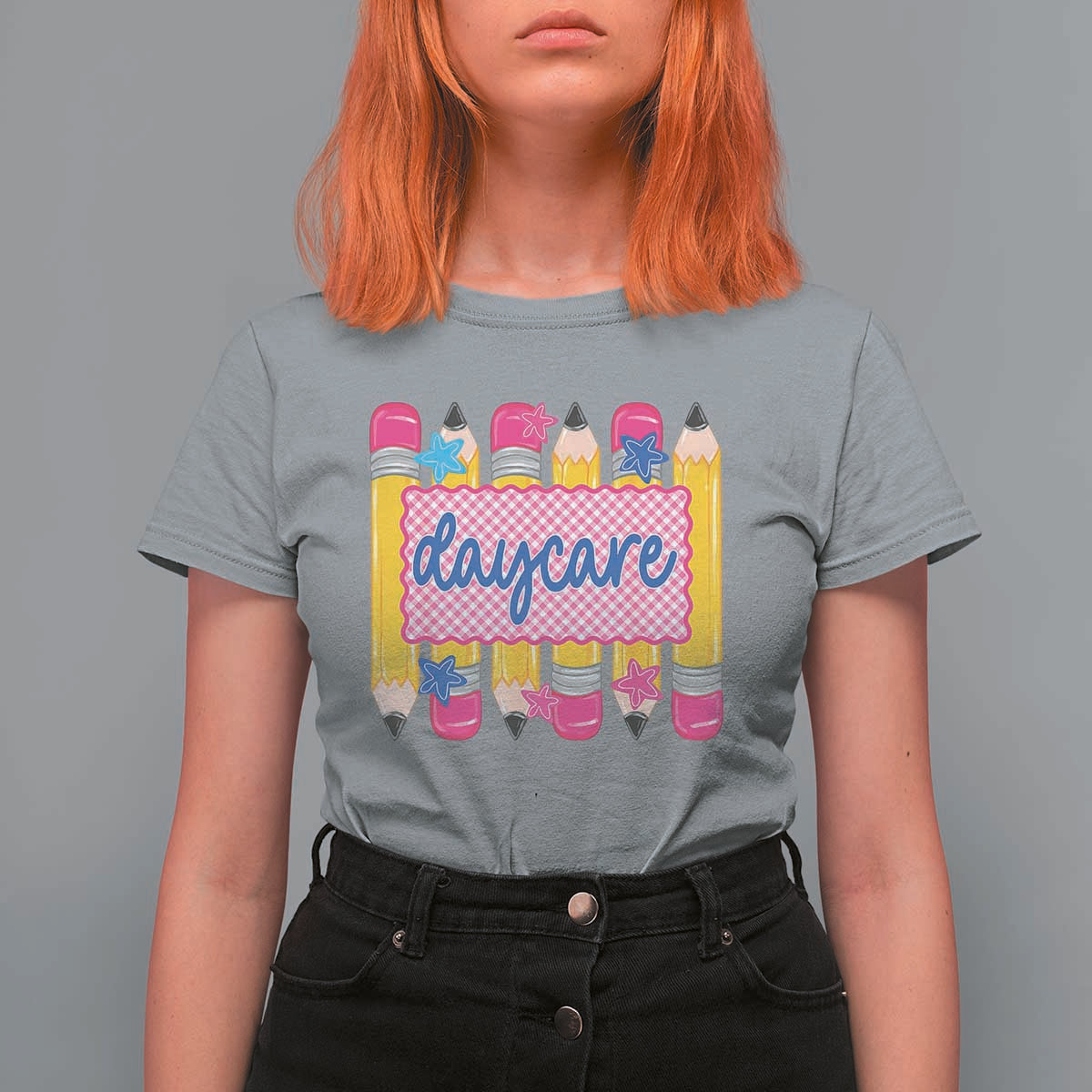 Cute Daycare Teacher Yellow Pencils Graphic T Shirt For Women Retro Back to School Childcare Gift