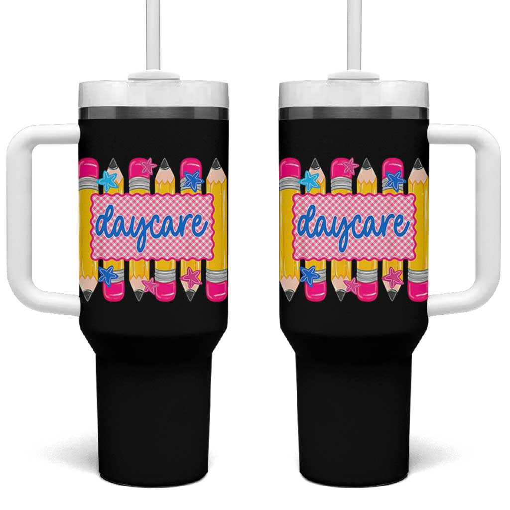 Cute Daycare Teacher Yellow Pencils Graphic Tumbler With Handle Retro Back to School Childcare Gift