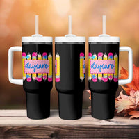Cute Daycare Teacher Yellow Pencils Graphic Tumbler With Handle Retro Back to School Childcare Gift