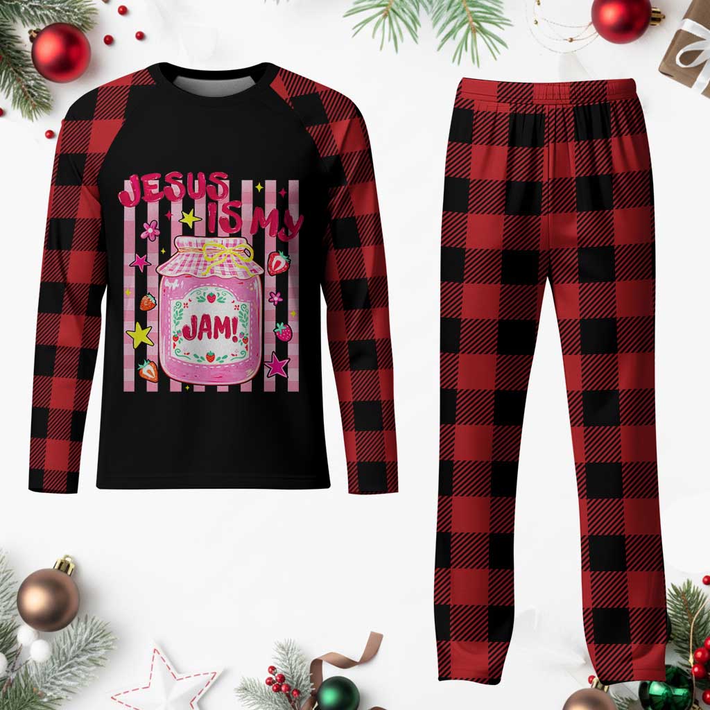 Cute Christian Faith Preppy Graphic Plaid Pajama Set Jesus Is My Jam Strawberry Fruit Jar