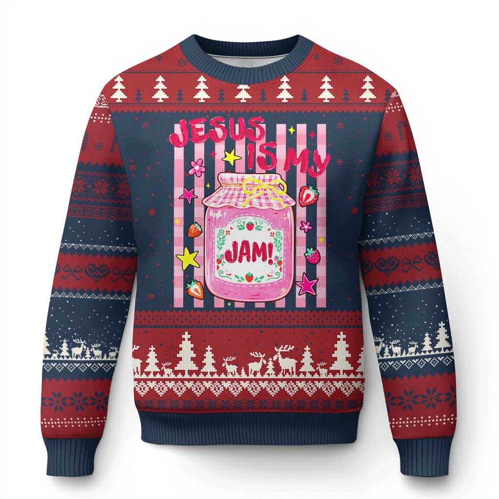Cute Christian Faith Preppy Graphic Ugly Christmas Sweater Jesus Is My Jam Strawberry Fruit Jar
