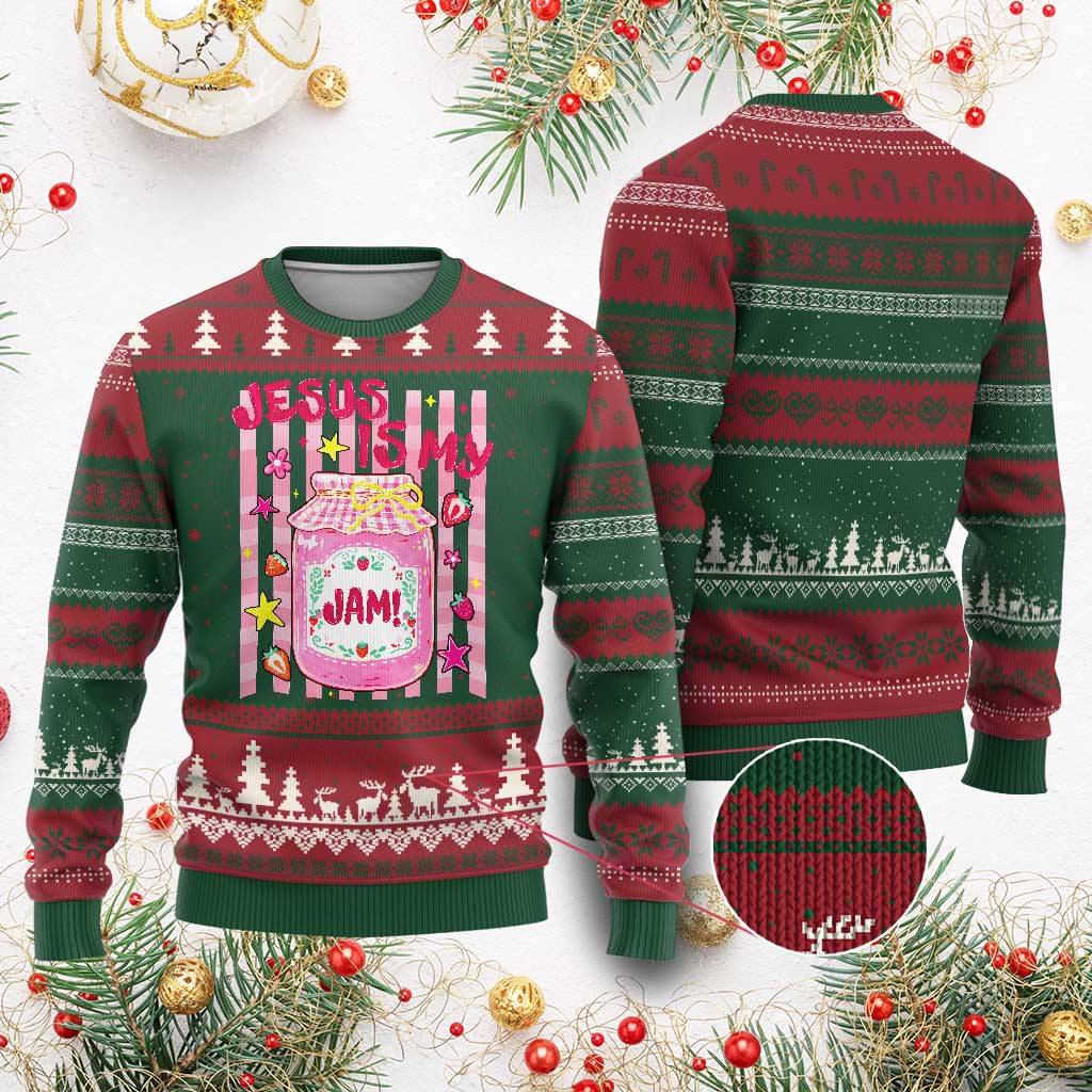 Cute Christian Faith Preppy Graphic Ugly Christmas Sweater Jesus Is My Jam Strawberry Fruit Jar