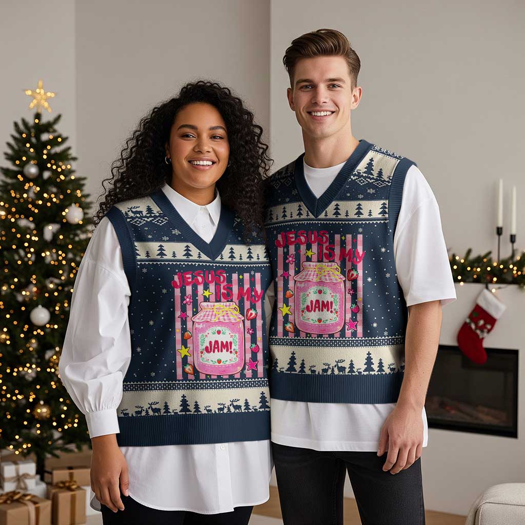 Cute Christian Faith Preppy Graphic V-Neck Knit Sweater Vest Jesus Is My Jam Strawberry Fruit Jar